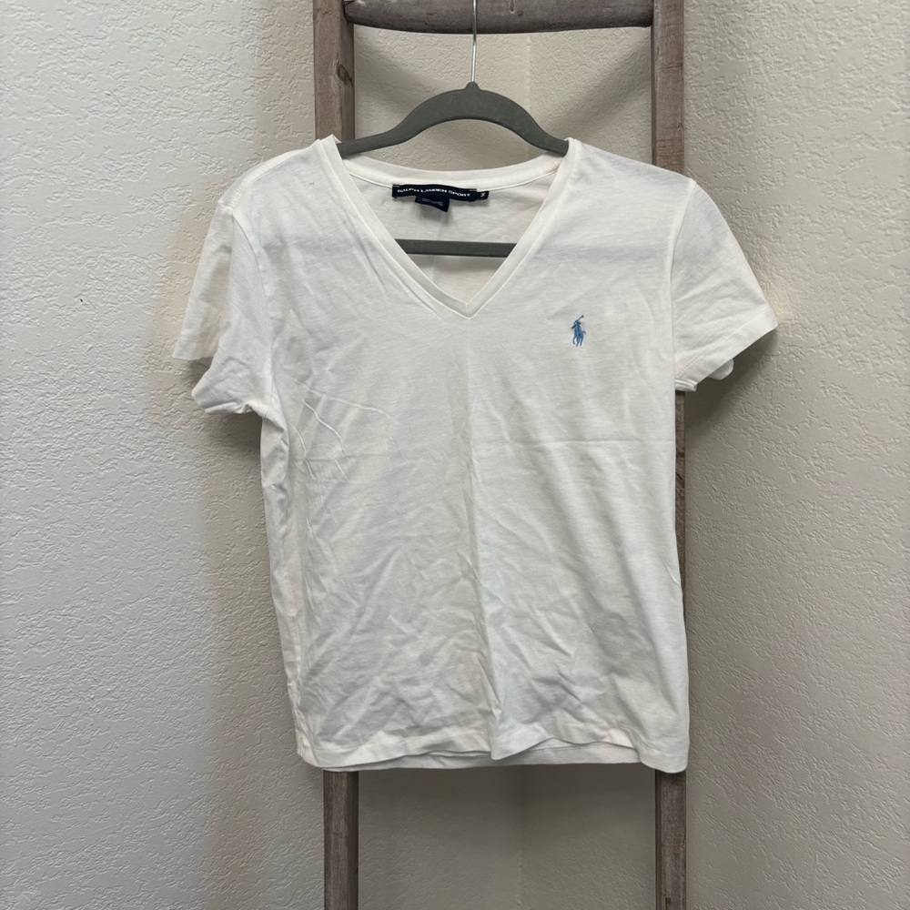 Ralph Lauren White V-Neck Tee with Blue Logo